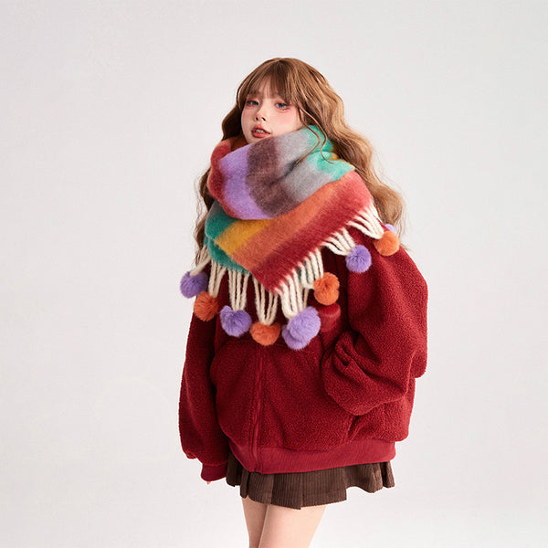 Rainbow Colored Fluffy Knitted Scarf