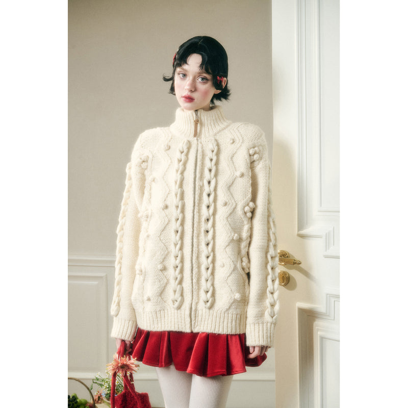 Hand-Knitted Cable Pattern Wool Knit Jacket