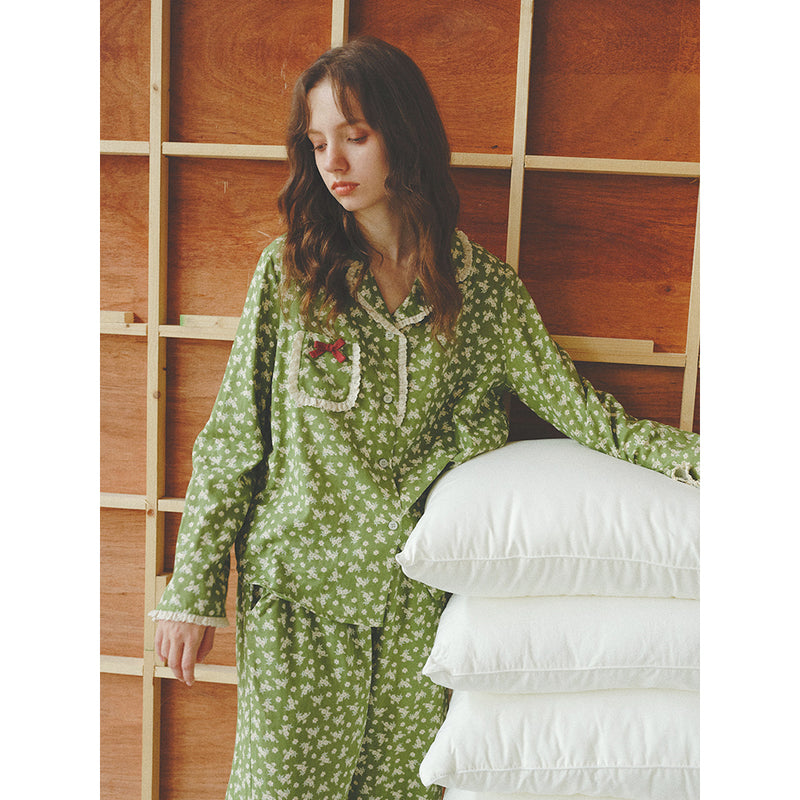 Matcha Floral Patterned Retro Room Wear