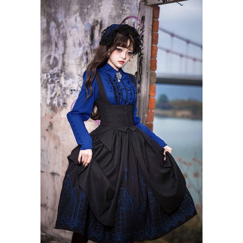 修道女の刺繍ジャンパースカート - Black × Blue[2025年3月下旬-5月上旬発送予定]