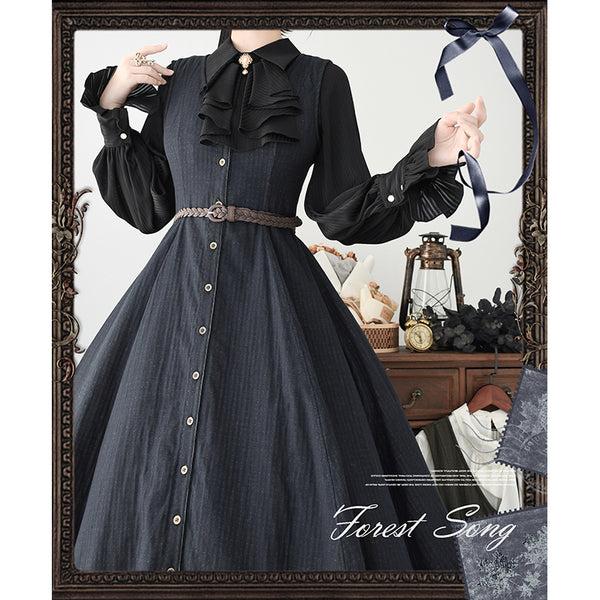 濃紺の縦縞クラシカルジャンパースカート - ロング丈[2025年12月下旬-2026年1月下旬発送予定]