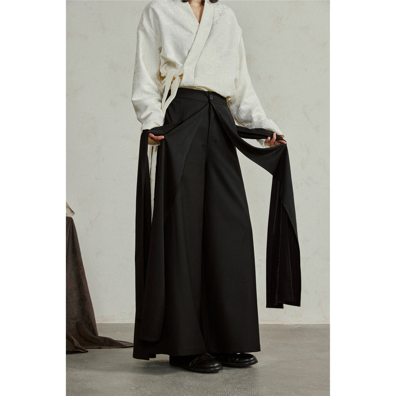 Black Draped Layered Wide Pants