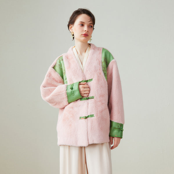 桜色と花絵画のチャイナボアジャケット