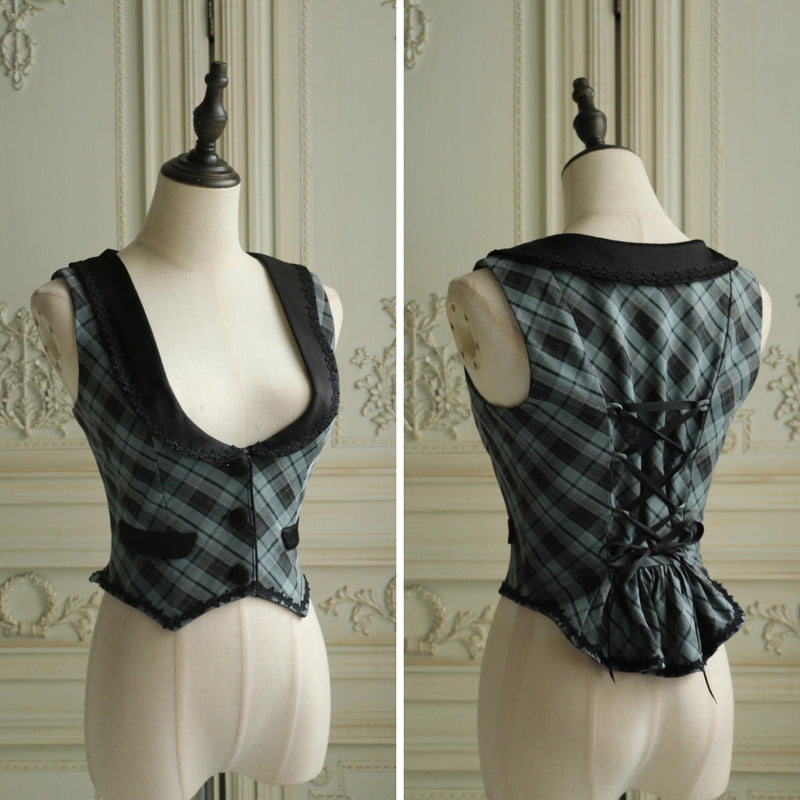 灰緑の格子柄ベスト[2026年3月下旬-4月下旬発送予定]