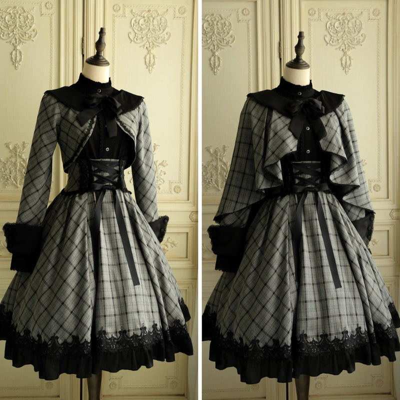 薄墨の格子柄ショートジャケットとケープ[2026年3月下旬-4月下旬発送予定]