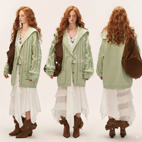Fur-trimmed Ribbed Knit Cardigan - Light Green