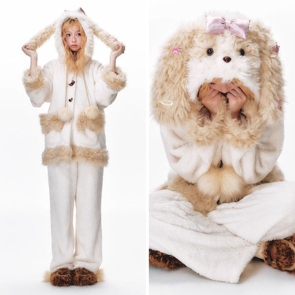 もふもふ子犬のルームウェア（フーディーとパンツ）