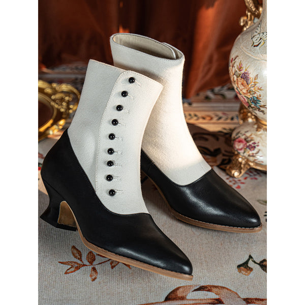 Victorian Pointed Toe Buttoned Short Boots - Black White