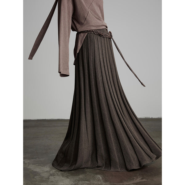 Brown Long Pleated Knit Skirt