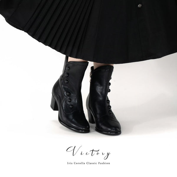Victorian Round Toe Buttoned Short Boots - Black[2025年11月上旬-11月下旬発送予定]