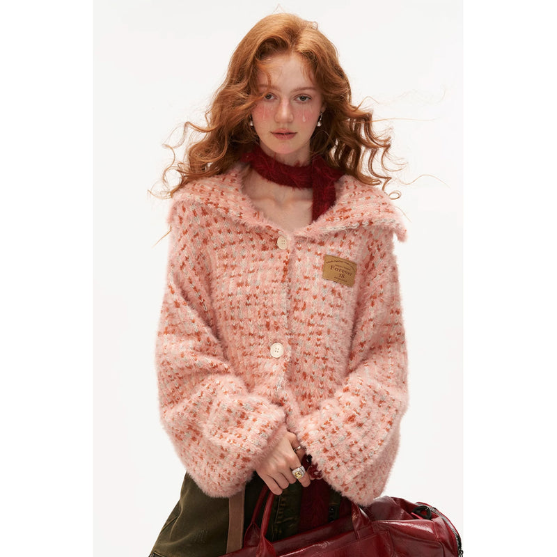 Pink Plaid Knitted Cardigan