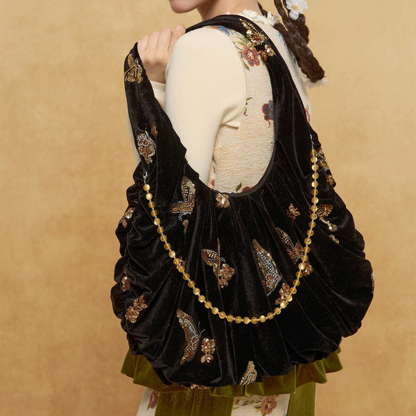 金色の蝶の刺繍ベルベットトートバッグ