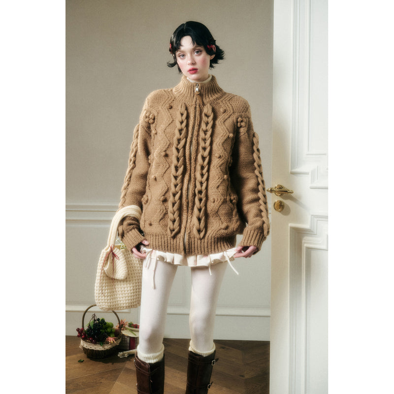 Hand-Knitted Cable Pattern Wool Knit Jacket