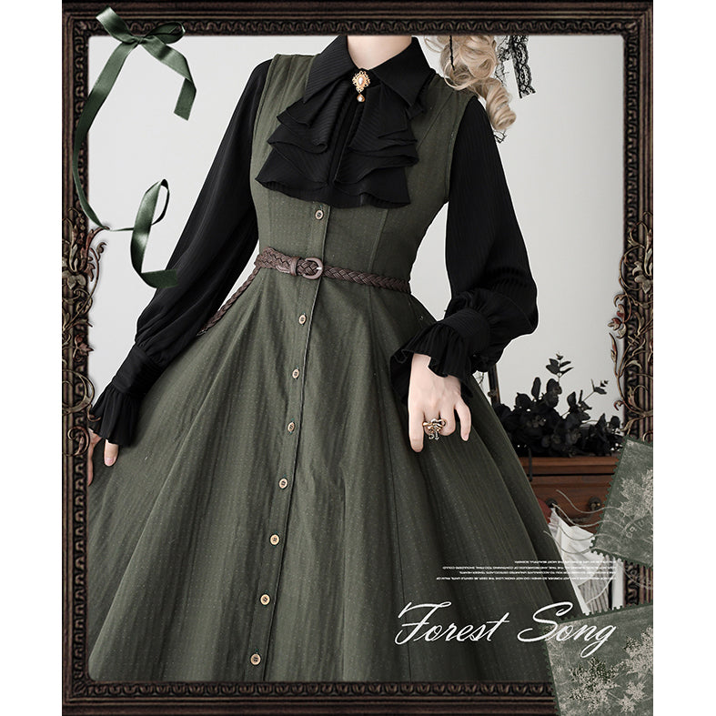 灰緑の縦縞クラシカルジャンパースカート - ロング丈[2025年12月下旬-2026年1月下旬発送予定]