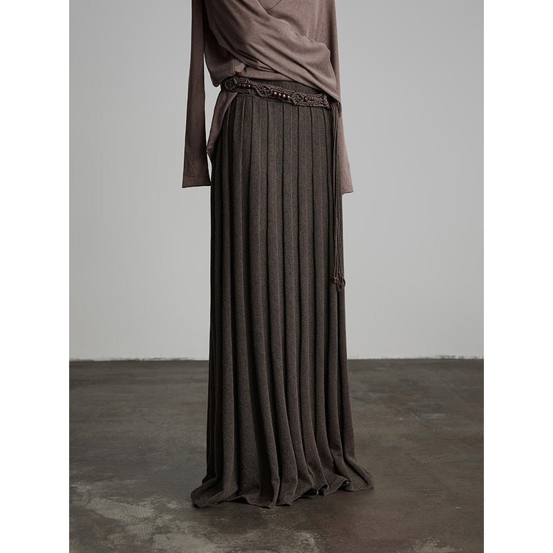 Brown Long Pleated Knit Skirt