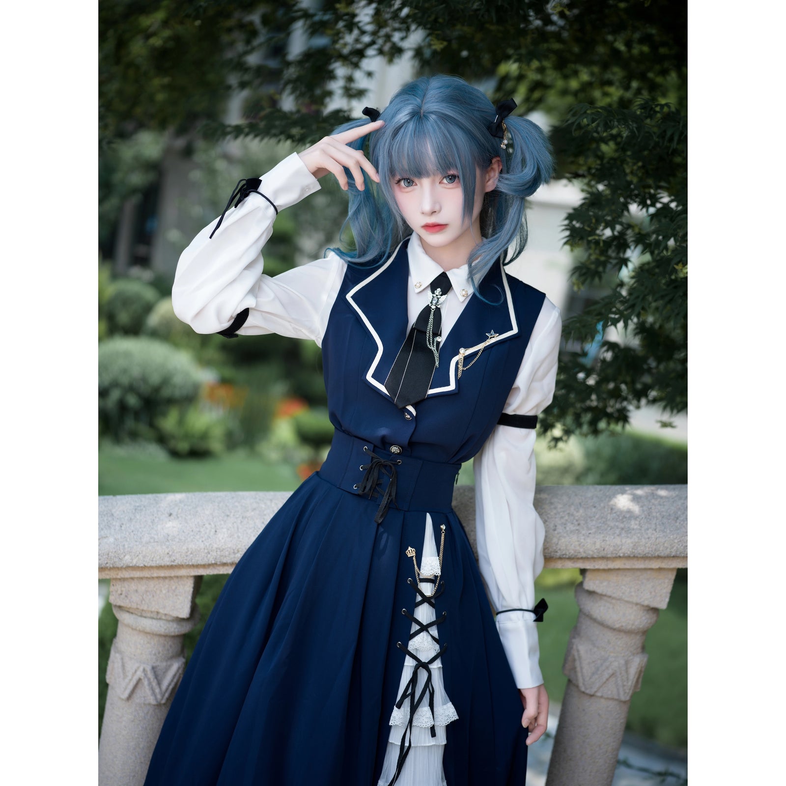 ロリータ 制服 学生服 学園 ケープ コスプレ ネイビー ワンピース 魔法学園のお嬢様のケープとベストとブラウスとコルセットスカート