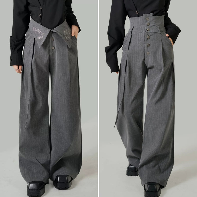 Corset High-Waist Pinstriped Wide-Leg Pants - Gray – ManusMachina