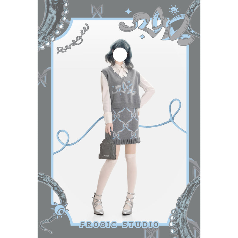 Gray and Light Blue Vest and Skirt with a Ribbon Pattern[2025年2月下旬-3月中旬発送予定]