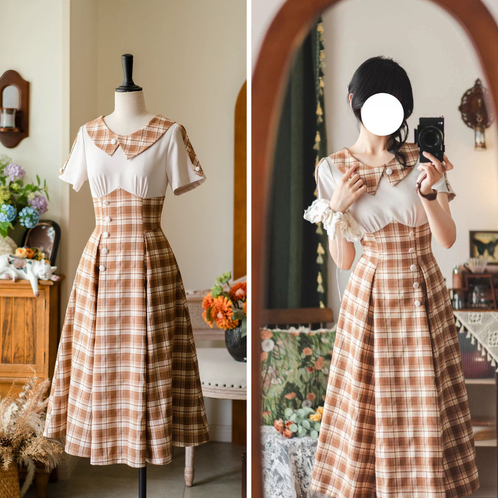 英国令嬢のレトロチェックワンピース - Light Brown – ManusMachina