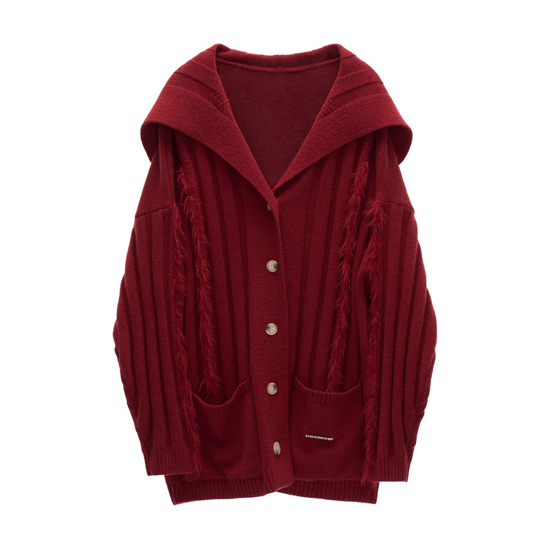 Fur-trimmed Ribbed Knit Cardigan - Red