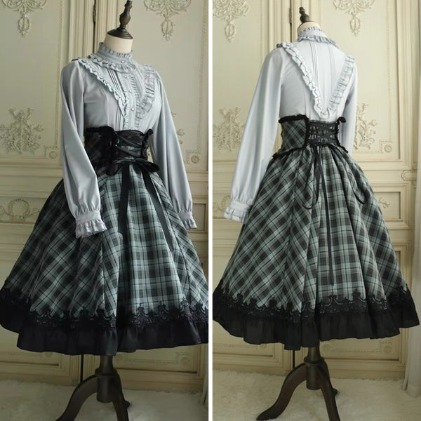 灰緑の格子柄コルセットスカート[2026年3月下旬-4月下旬発送予定]