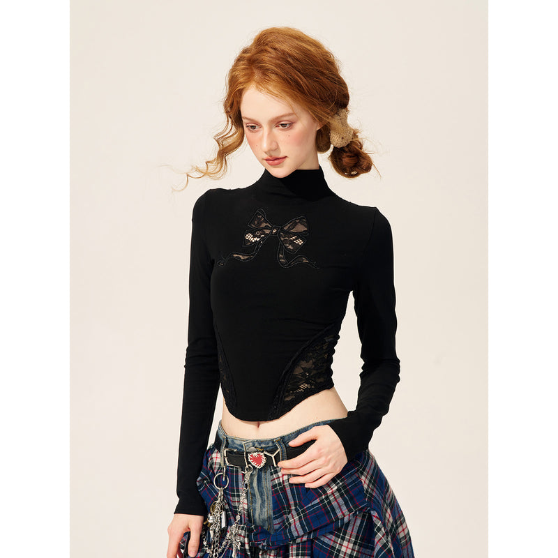 Ribbon Embroidery Slim Turtleneck Short Top