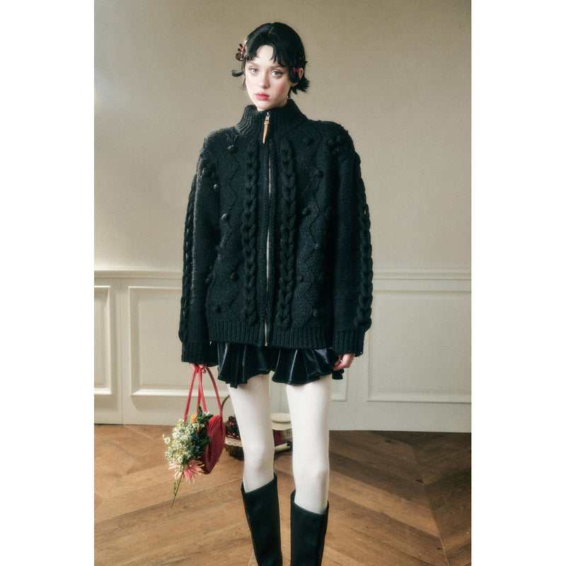 Hand-Knitted Cable Pattern Wool Knit Jacket