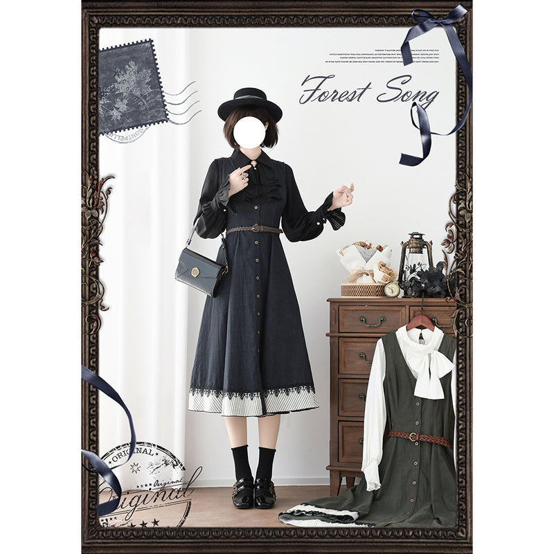 濃紺の縦縞クラシカルジャンパースカート - ロング丈[2025年12月下旬-2026年1月下旬発送予定]