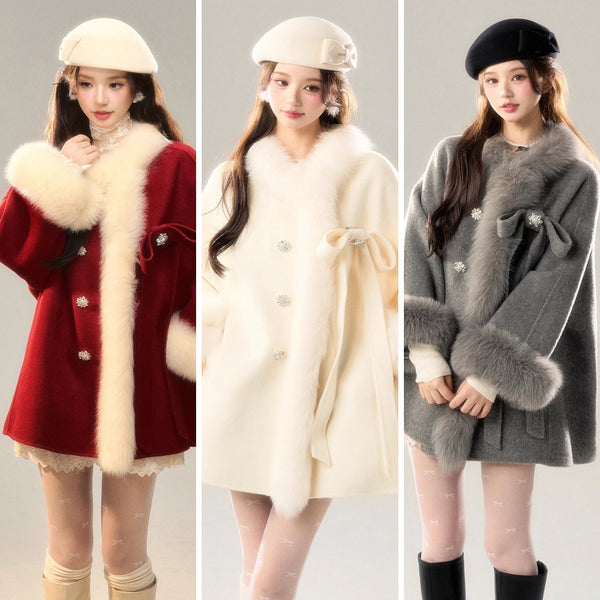 Romantic Ribbon Fur Wool Coat