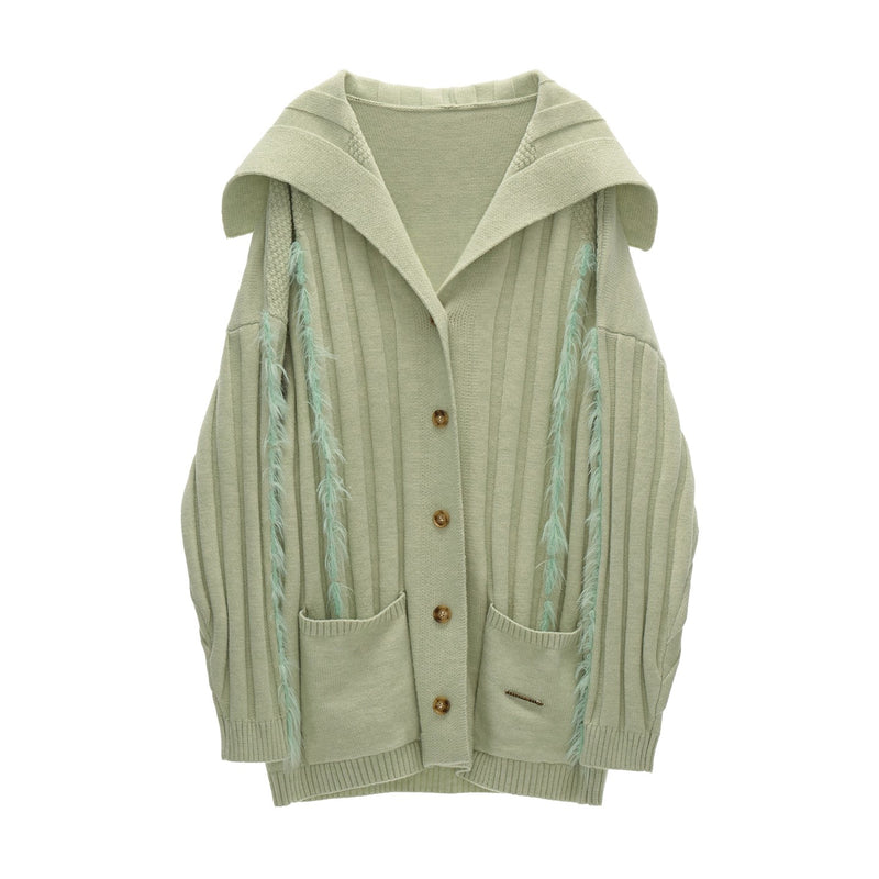 Fur-trimmed Ribbed Knit Cardigan - Light Green