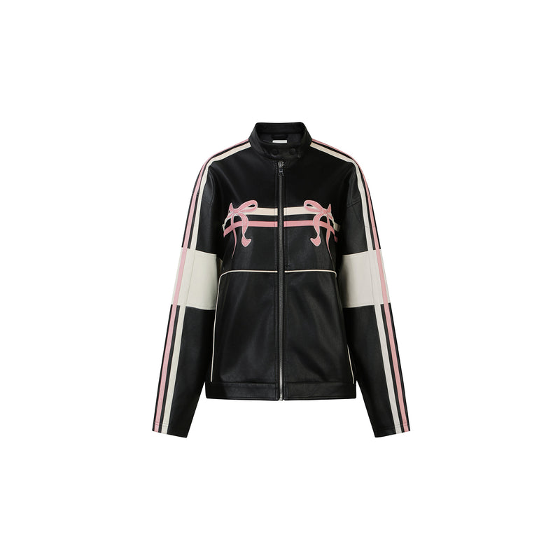 Pink Ribbon Black Leather Jacket