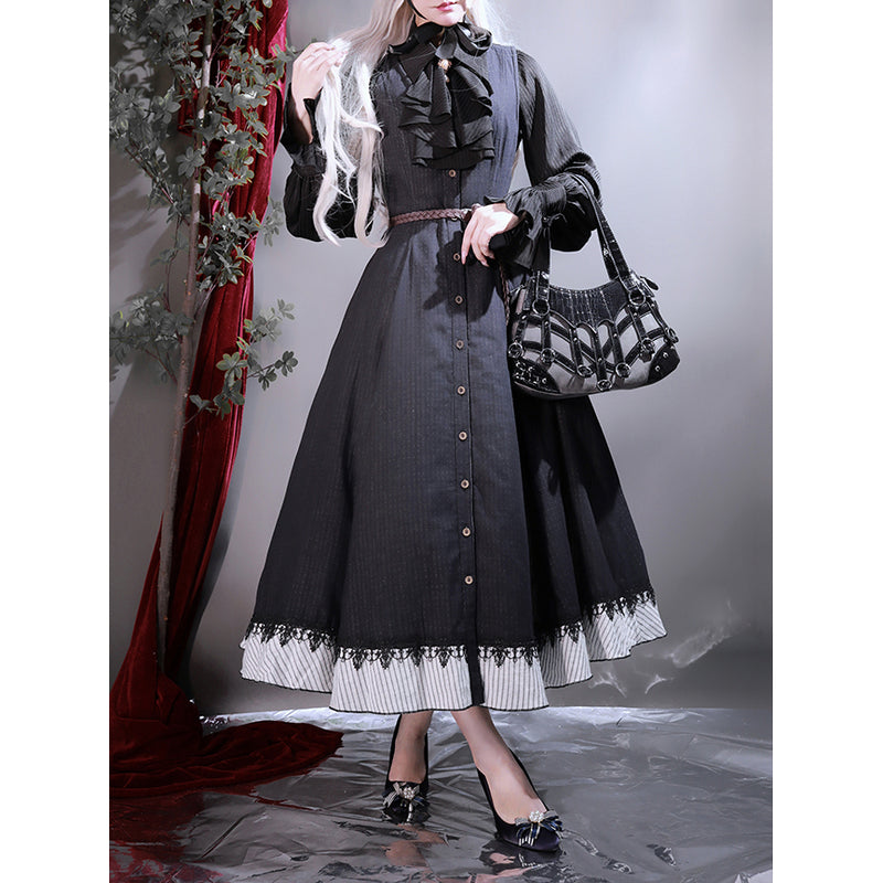 濃紺の縦縞クラシカルジャンパースカート - ロング丈[2025年12月下旬-2026年1月下旬発送予定]