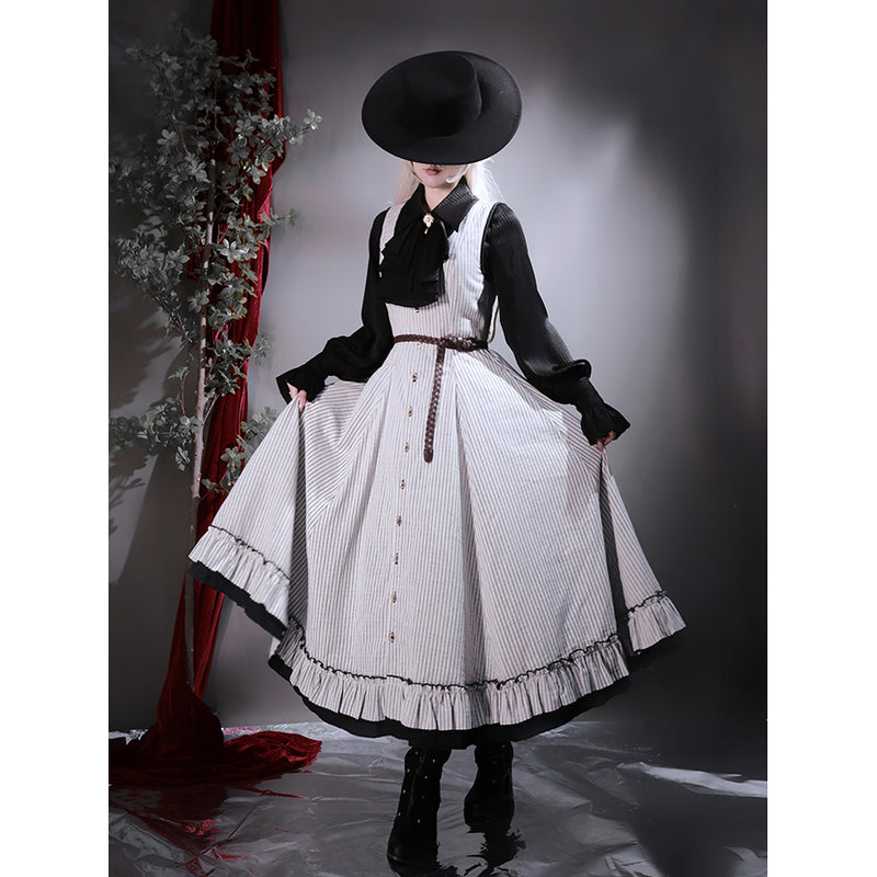 濃紺の縦縞クラシカルジャンパースカート - ロング丈[2025年12月下旬-2026年1月下旬発送予定]