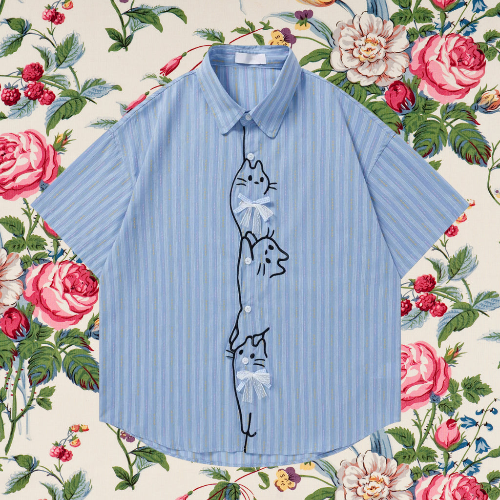 子猫の刺繍リボンシャツ - Salvia Blue – ManusMachina