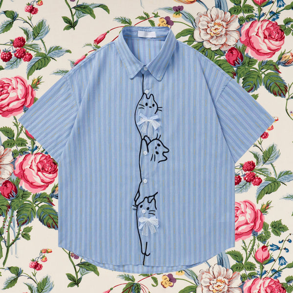 子猫の刺繍リボンシャツ - Salvia Blue – ManusMachina