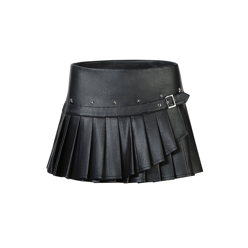 Black Leather Pleated Short Skirt