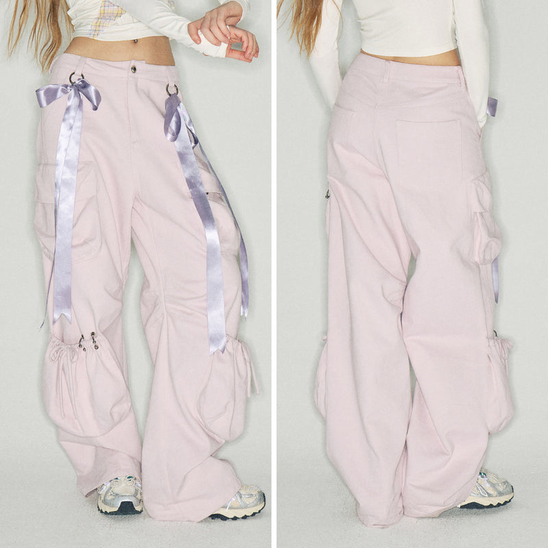 Pink Cargo Pants with Purple Ribbons