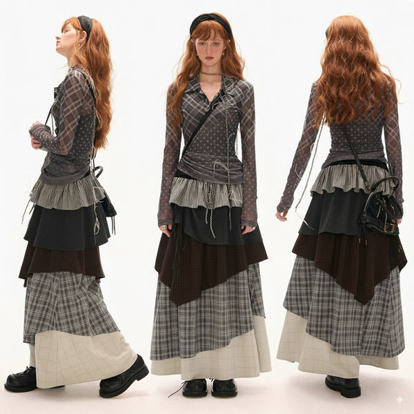 Color Block Check Long Skirt - Black Beige