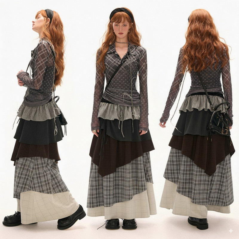 Color Block Check Long Skirt - Black Beige