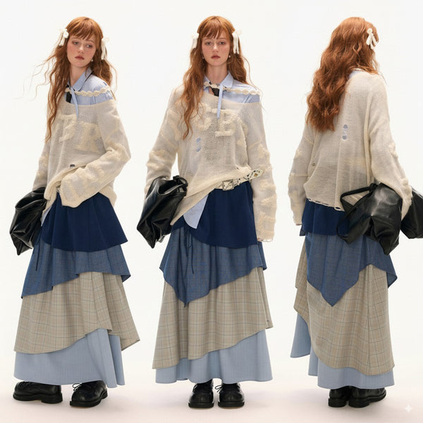 Color Block Check Long Skirt - Navy Beige