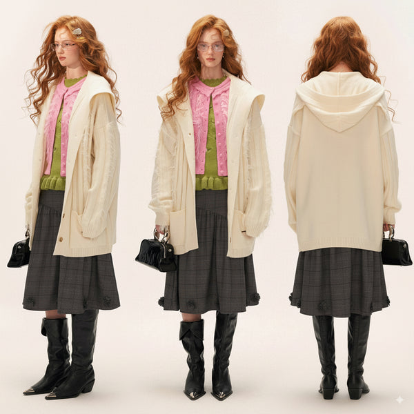 Fur-trimmed Ribbed Knit Cardigan - Ivory