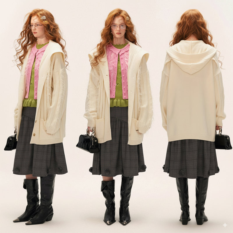 Fur-trimmed Ribbed Knit Cardigan - Ivory