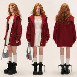 Fur-trimmed Ribbed Knit Cardigan - Red