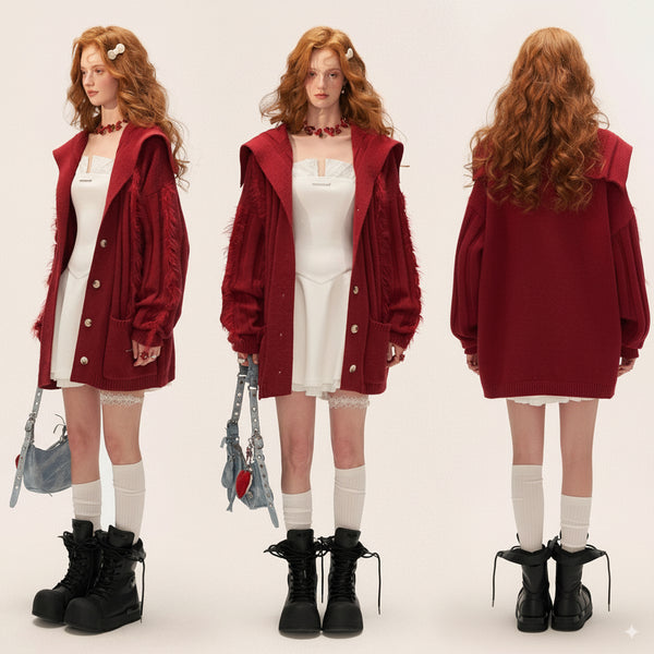 Fur-trimmed Ribbed Knit Cardigan - Red