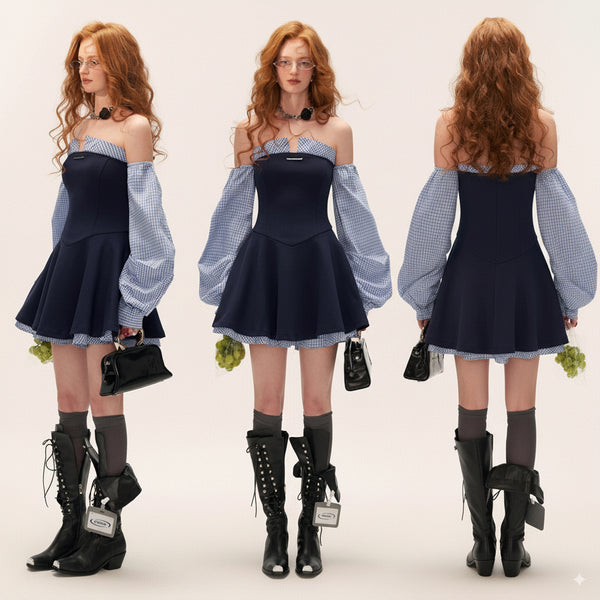 Navy Blue Striped Strapless Dress