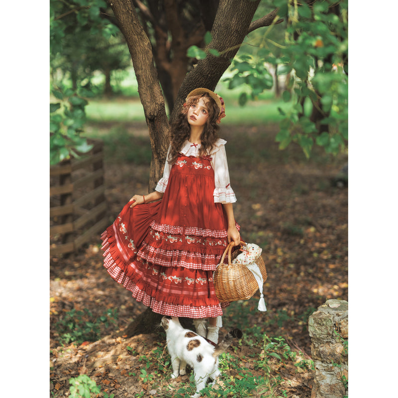 いちご摘みの刺繍トップスとスカートとブラウス - Red[2026年2月上旬-3月上旬発送予定]