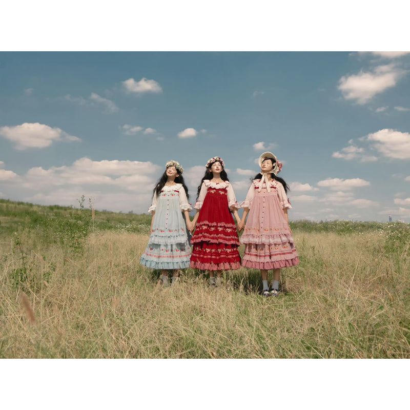 いちご摘みの刺繍トップスとスカートとブラウス - Pink[2026年2月上旬-3月上旬発送予定]