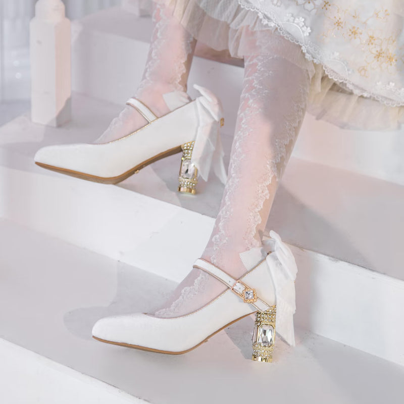 Jewel and Ribbon High Heeled Pumps - Off White × Gold[2026年2月上旬-3月上旬発送予定]