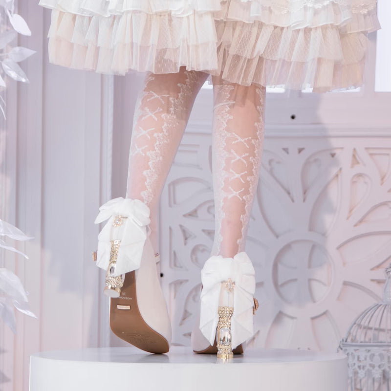 Jewel and Ribbon High Heeled Pumps - Off White × Gold[2026年2月上旬-3月上旬発送予定]