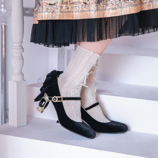 Jewel and Ribbon High Heeled Pumps - Black × Gold[2026年2月上旬-3月上旬発送予定]
